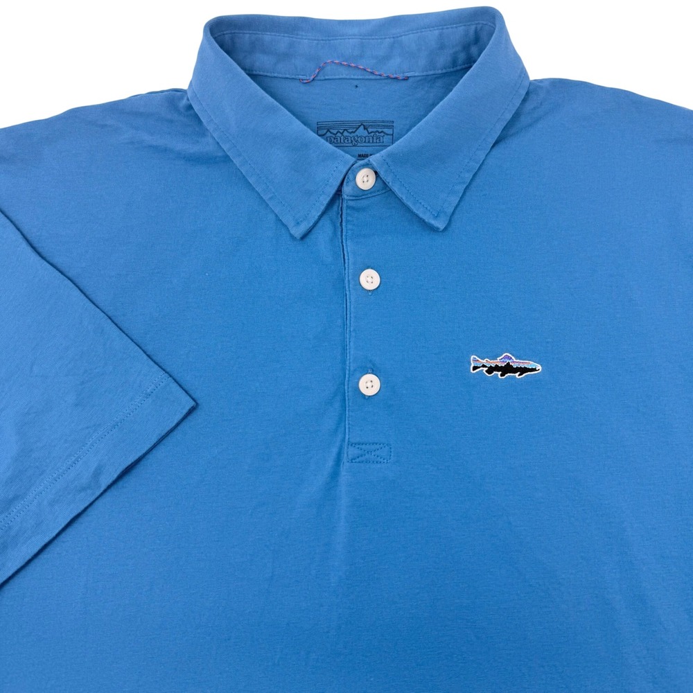 Patagonia Mens Medium Blue Organic Cotton Trout Logo Short Sleeve Polo Shirt